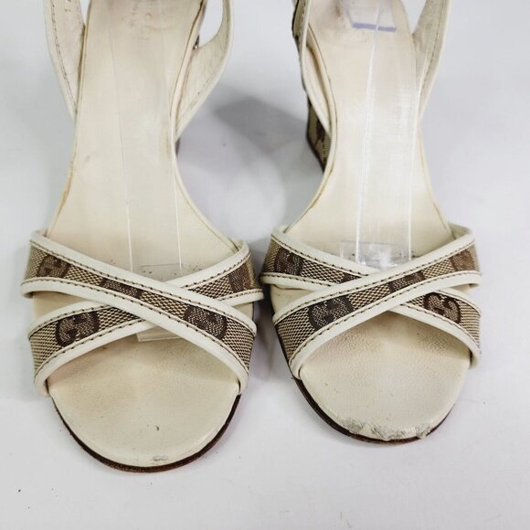 GUCCI Beige GG Canvas Monogram Cross Strap Wedge Ankle Strap Sandal Size 6.5 B - Picture 16 of 16